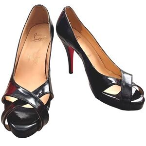 AUTHENTIC Christian Louboutin Shelley Black Peep Toe Heels, EU 41 Patent Leather
